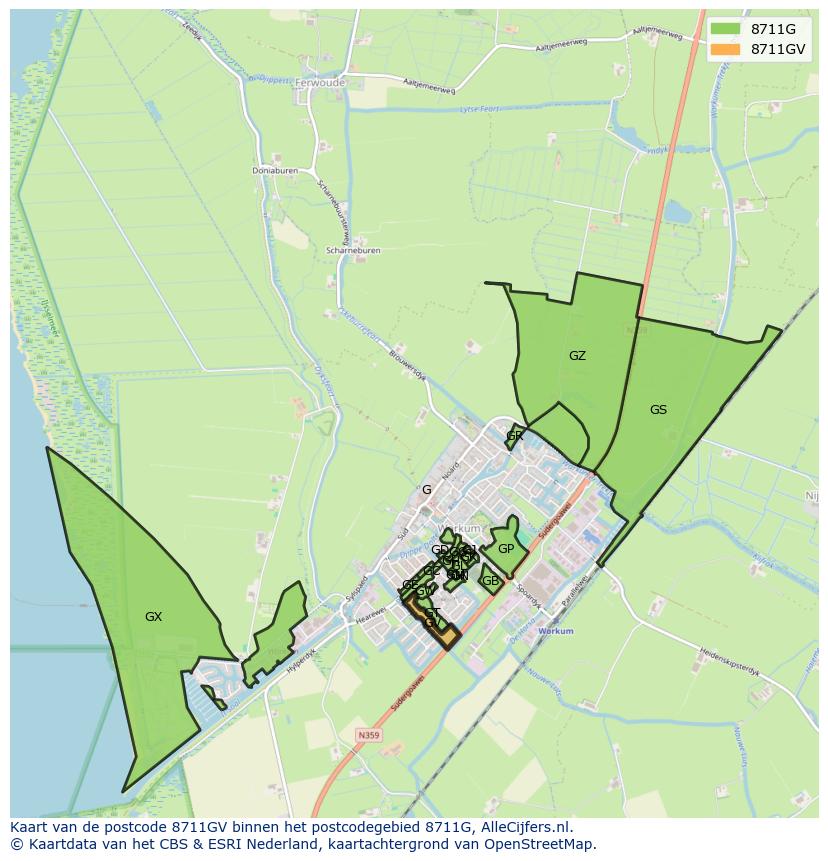 Afbeelding van het postcodegebied 8711 GV op de kaart.