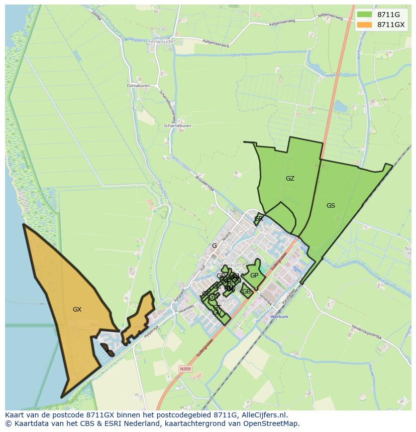 Afbeelding van het postcodegebied 8711 GX op de kaart.