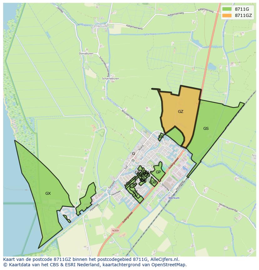 Afbeelding van het postcodegebied 8711 GZ op de kaart.