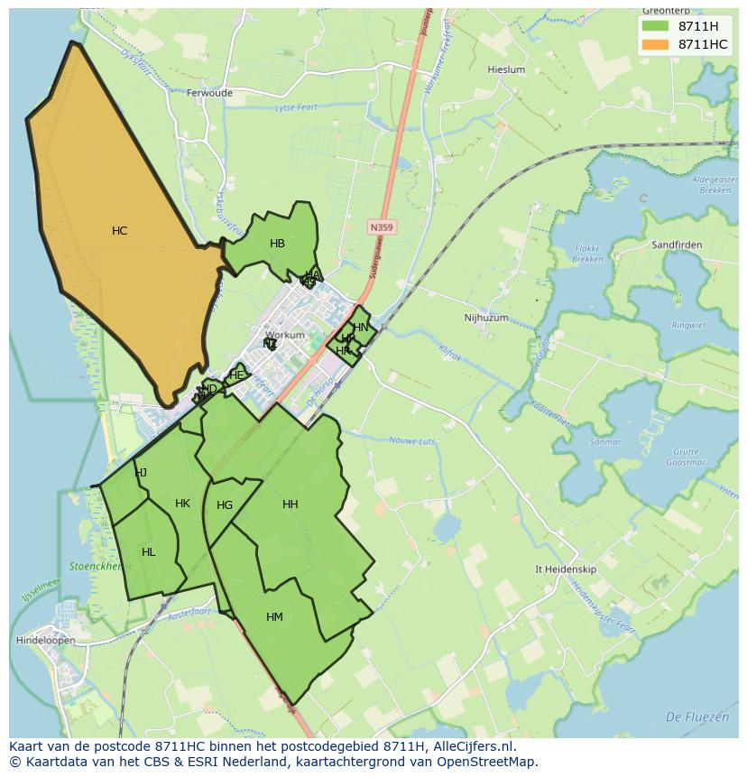 Afbeelding van het postcodegebied 8711 HC op de kaart.