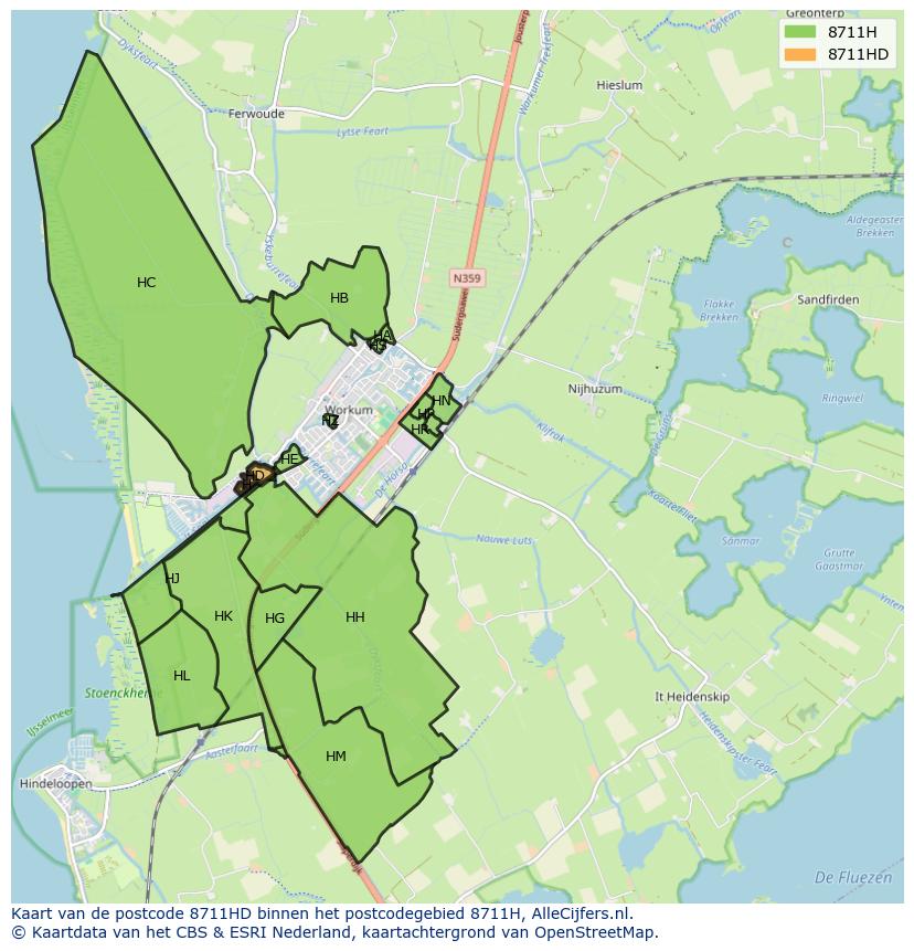 Afbeelding van het postcodegebied 8711 HD op de kaart.