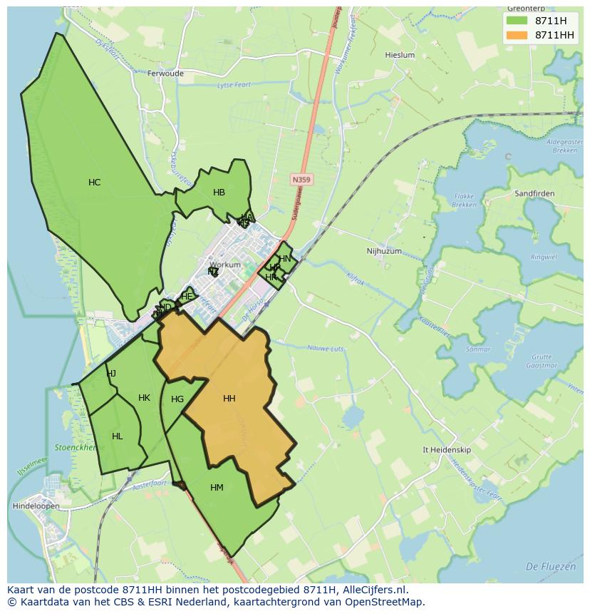 Afbeelding van het postcodegebied 8711 HH op de kaart.