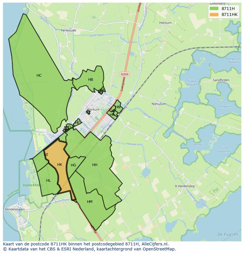 Afbeelding van het postcodegebied 8711 HK op de kaart.