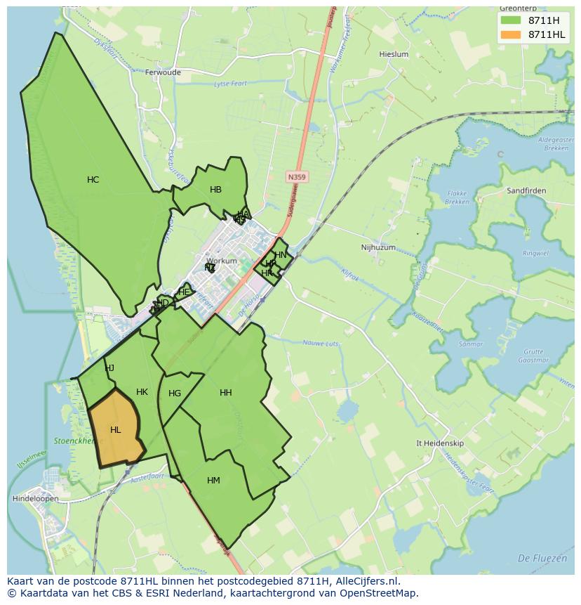 Afbeelding van het postcodegebied 8711 HL op de kaart.