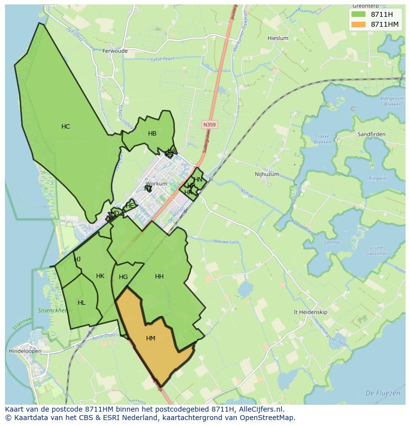 Afbeelding van het postcodegebied 8711 HM op de kaart.