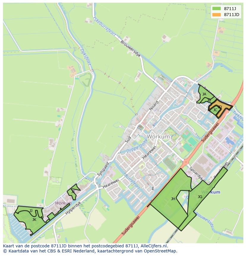 Afbeelding van het postcodegebied 8711 JD op de kaart.