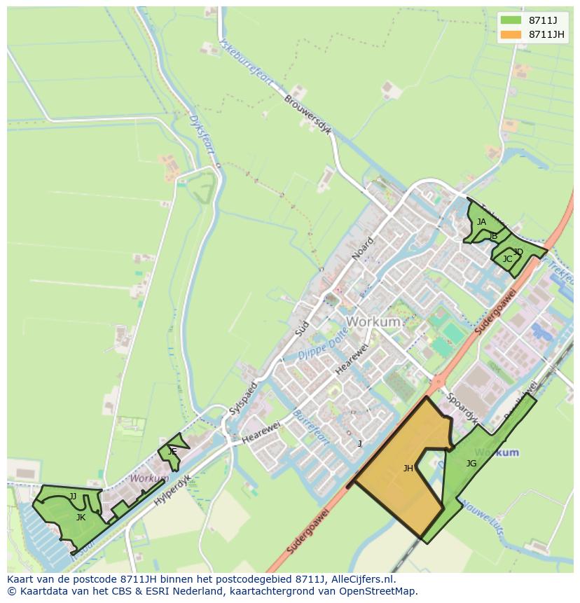 Afbeelding van het postcodegebied 8711 JH op de kaart.