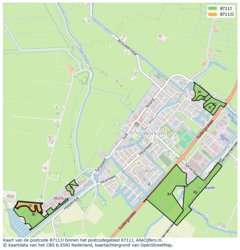 Afbeelding van het postcodegebied 8711 JJ op de kaart.