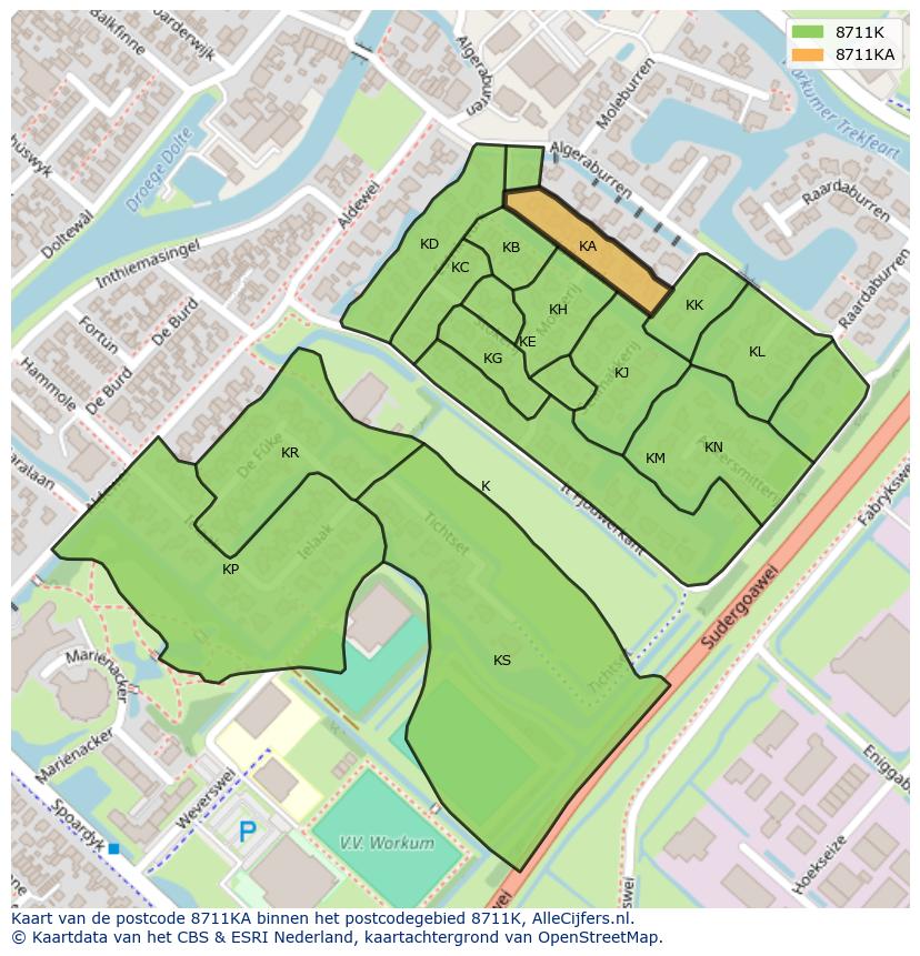 Afbeelding van het postcodegebied 8711 KA op de kaart.
