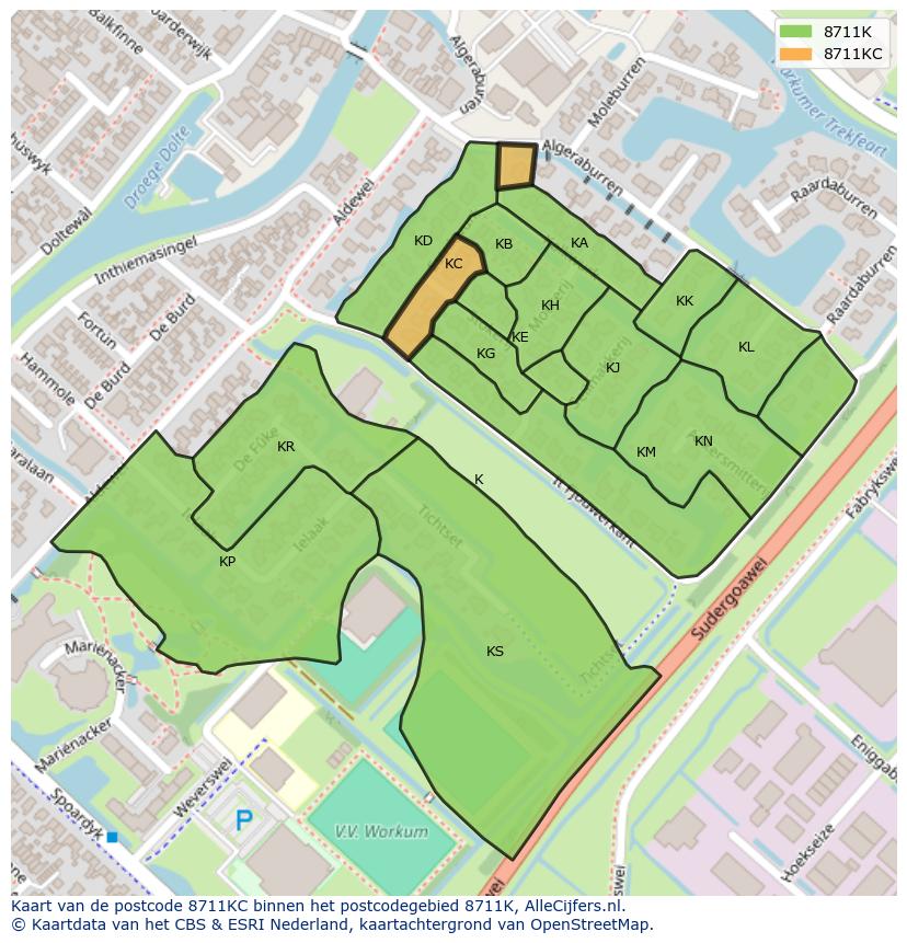 Afbeelding van het postcodegebied 8711 KC op de kaart.