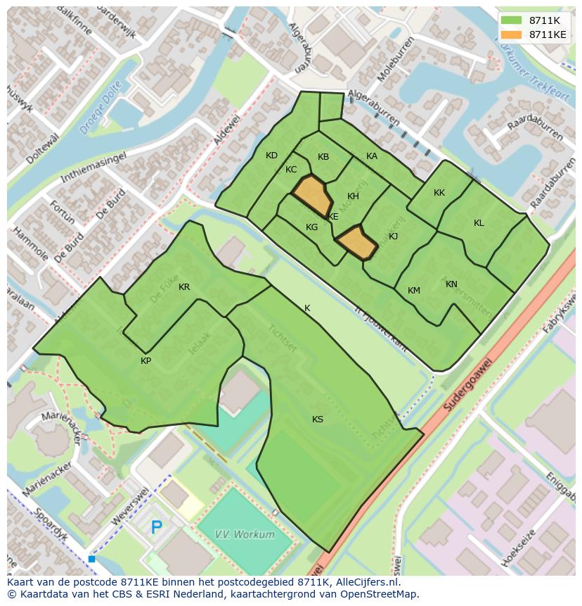 Afbeelding van het postcodegebied 8711 KE op de kaart.
