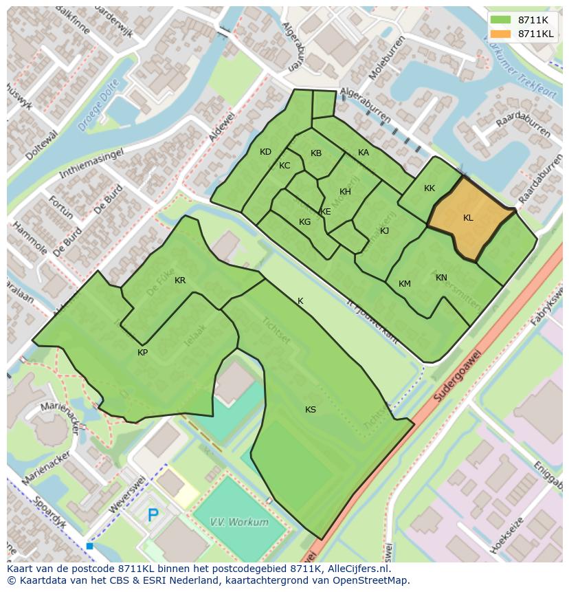 Afbeelding van het postcodegebied 8711 KL op de kaart.