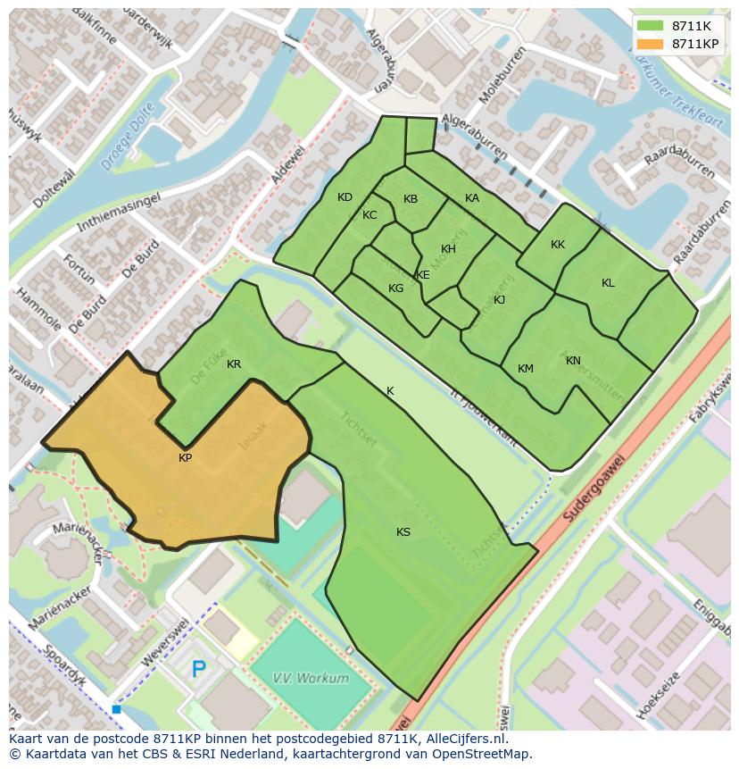 Afbeelding van het postcodegebied 8711 KP op de kaart.