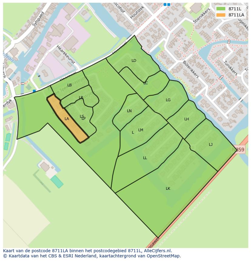 Afbeelding van het postcodegebied 8711 LA op de kaart.