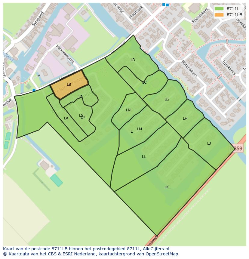 Afbeelding van het postcodegebied 8711 LB op de kaart.