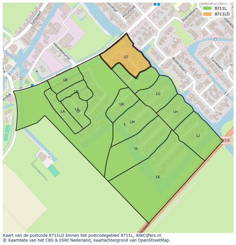 Afbeelding van het postcodegebied 8711 LD op de kaart.