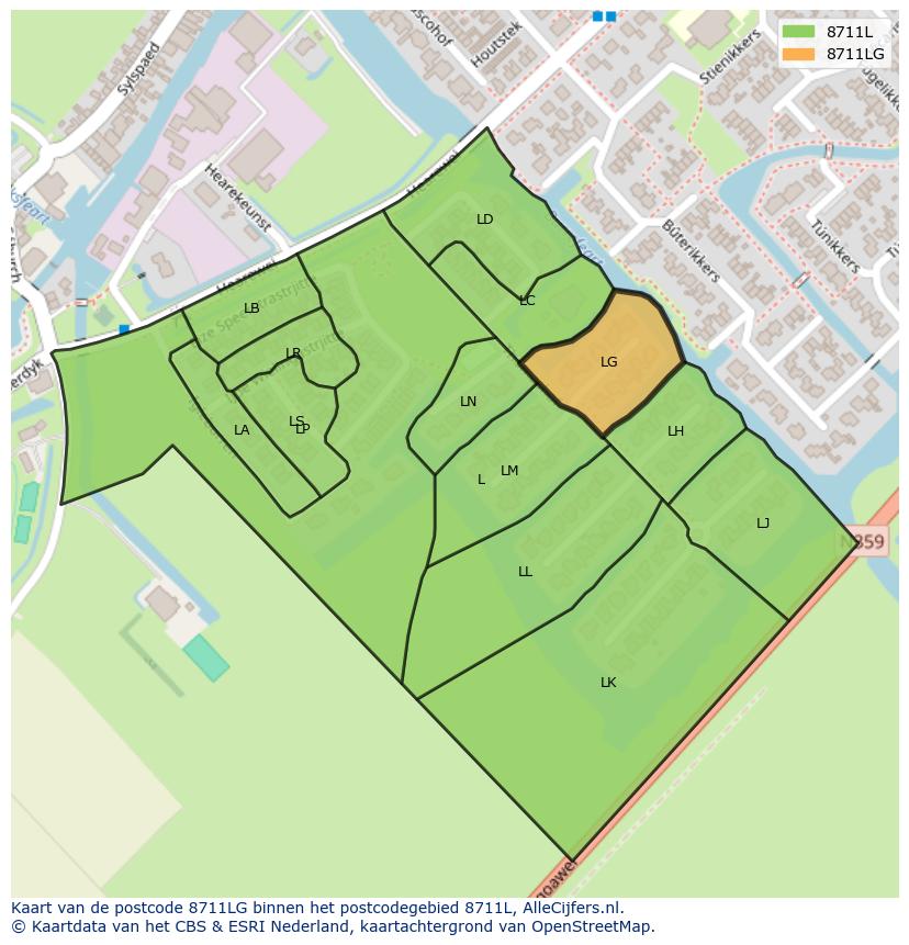 Afbeelding van het postcodegebied 8711 LG op de kaart.