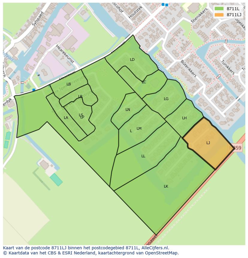 Afbeelding van het postcodegebied 8711 LJ op de kaart.