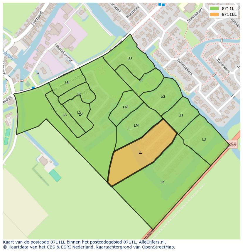 Afbeelding van het postcodegebied 8711 LL op de kaart.