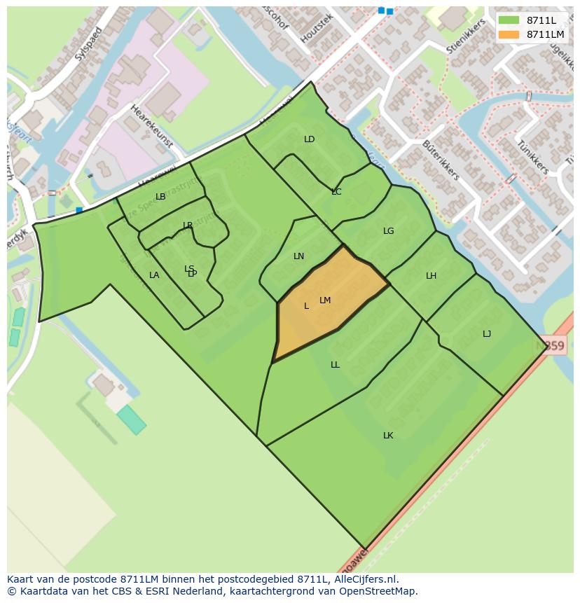 Afbeelding van het postcodegebied 8711 LM op de kaart.