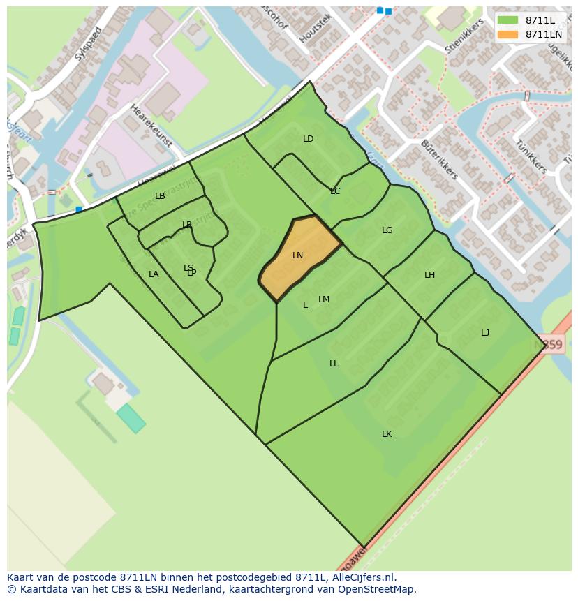 Afbeelding van het postcodegebied 8711 LN op de kaart.