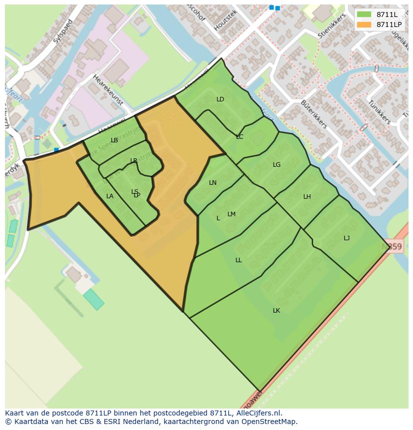 Afbeelding van het postcodegebied 8711 LP op de kaart.