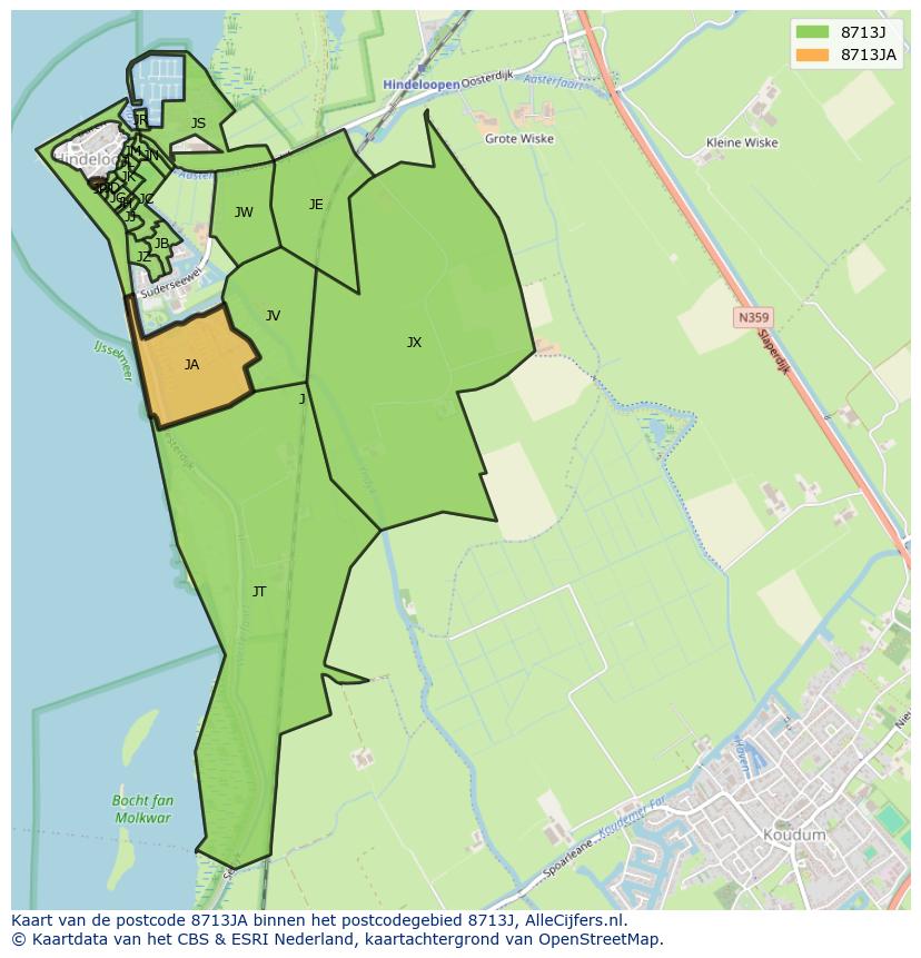 Afbeelding van het postcodegebied 8713 JA op de kaart.