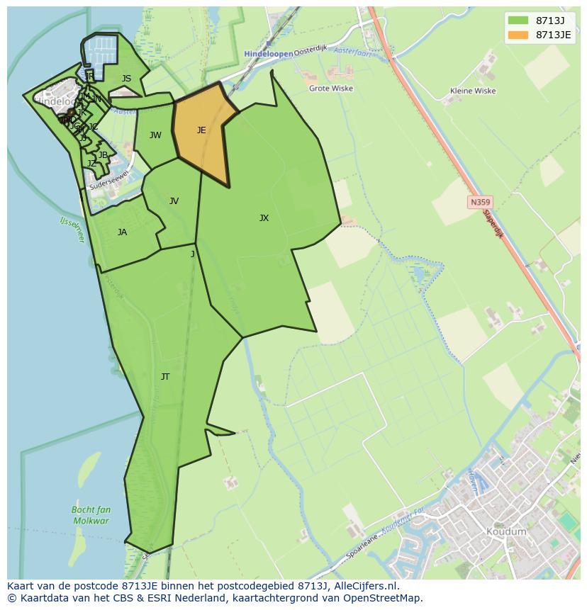 Afbeelding van het postcodegebied 8713 JE op de kaart.