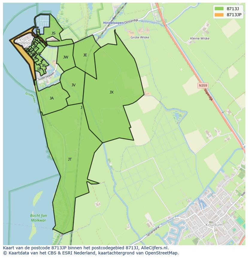 Afbeelding van het postcodegebied 8713 JP op de kaart.