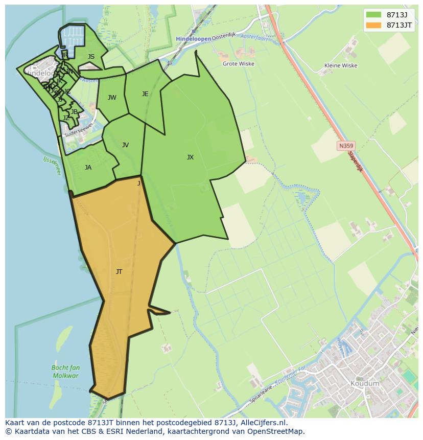 Afbeelding van het postcodegebied 8713 JT op de kaart.