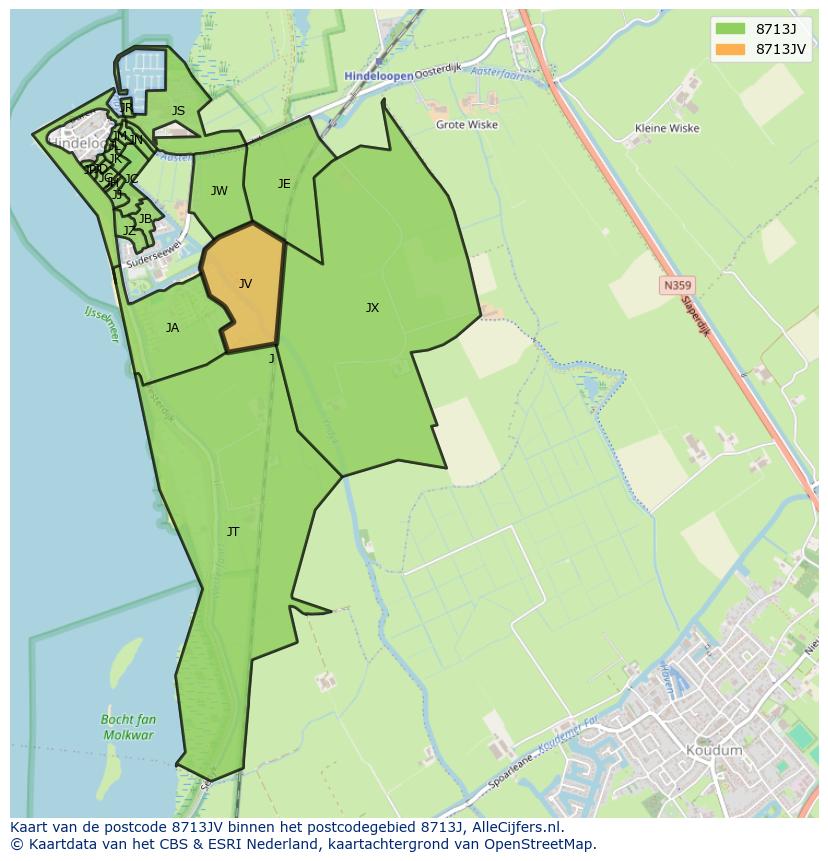 Afbeelding van het postcodegebied 8713 JV op de kaart.