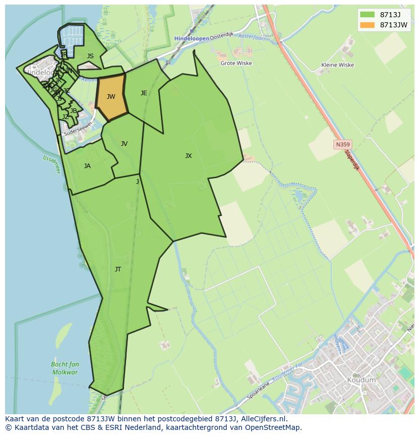 Afbeelding van het postcodegebied 8713 JW op de kaart.