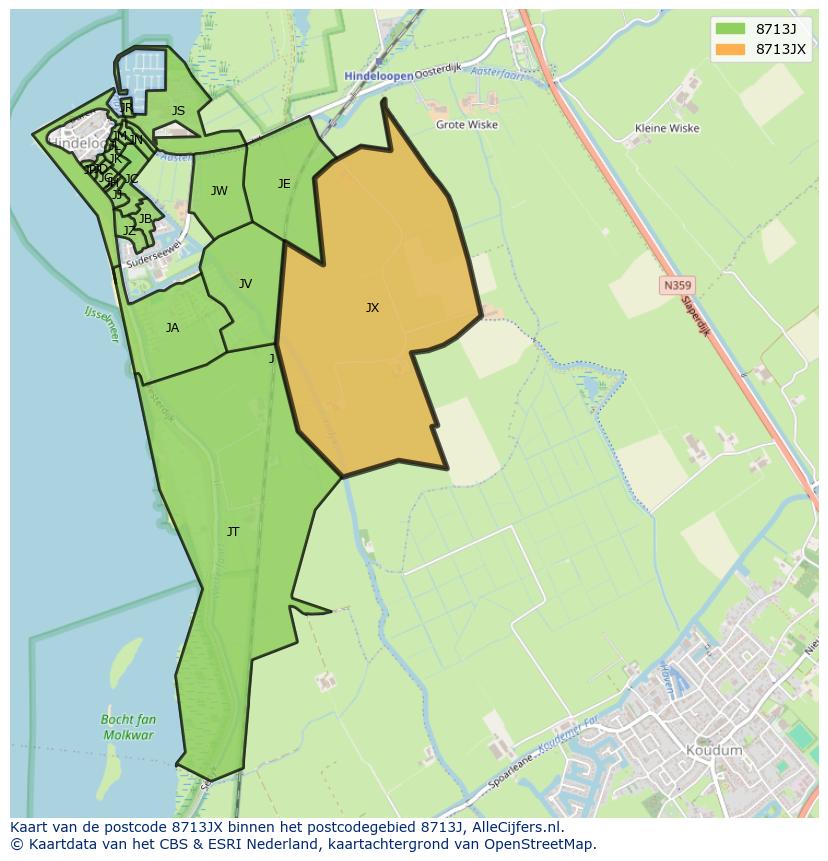 Afbeelding van het postcodegebied 8713 JX op de kaart.