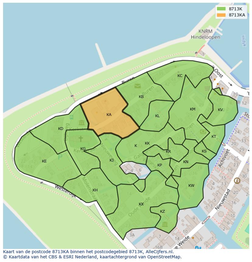 Afbeelding van het postcodegebied 8713 KA op de kaart.