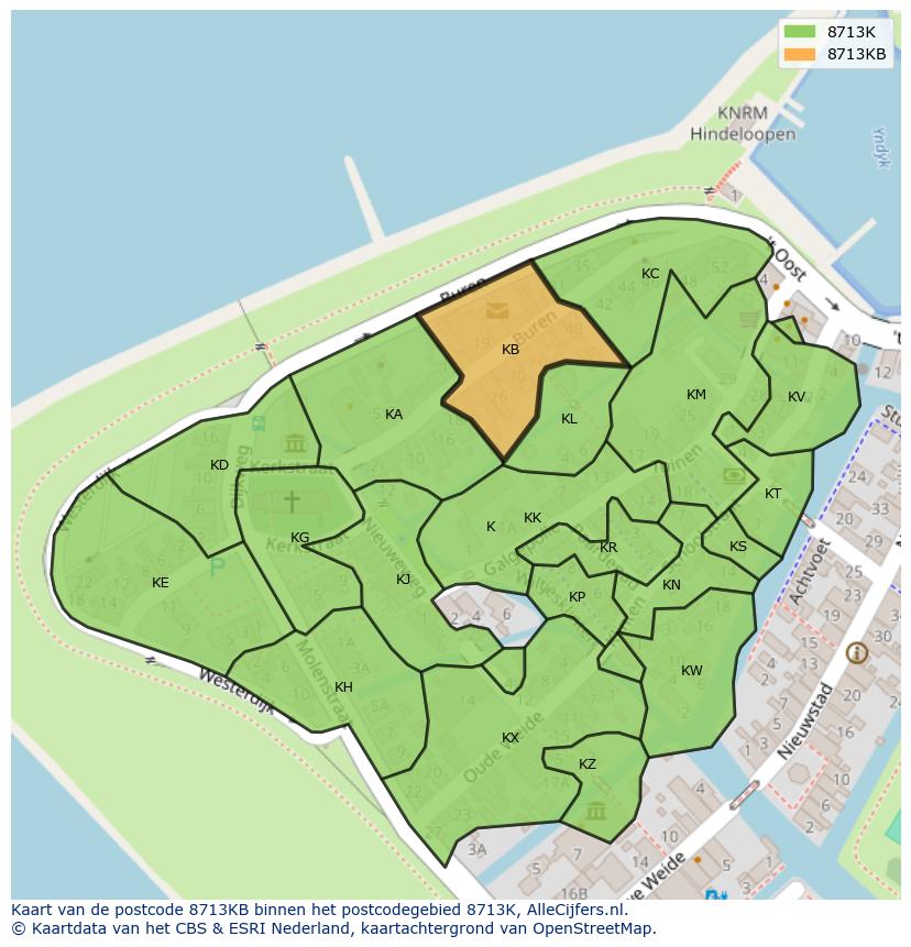 Afbeelding van het postcodegebied 8713 KB op de kaart.