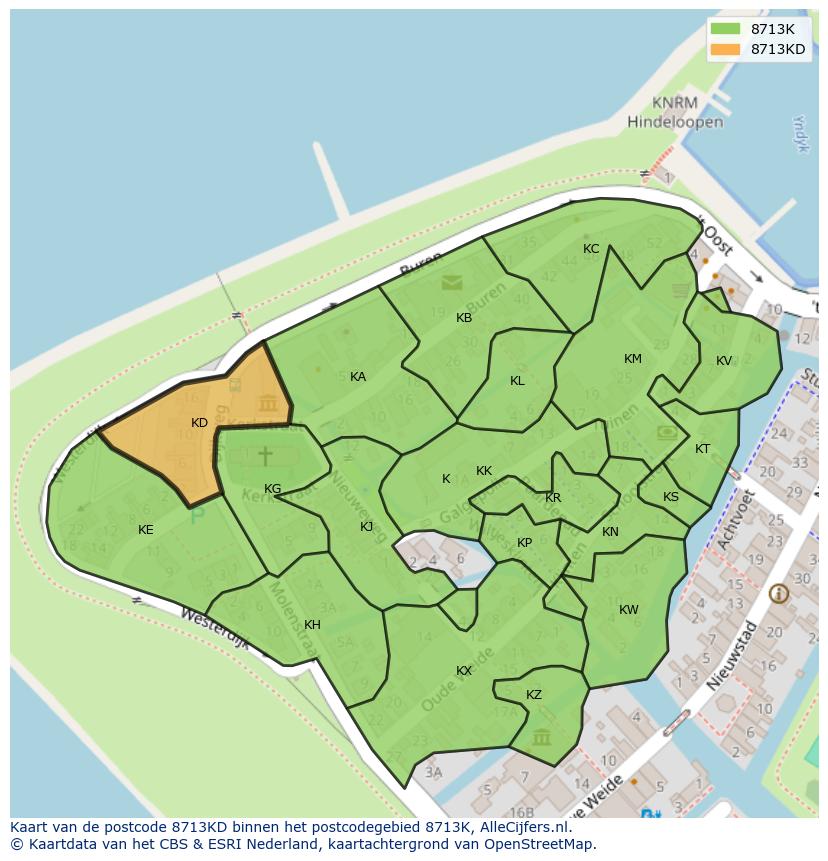 Afbeelding van het postcodegebied 8713 KD op de kaart.
