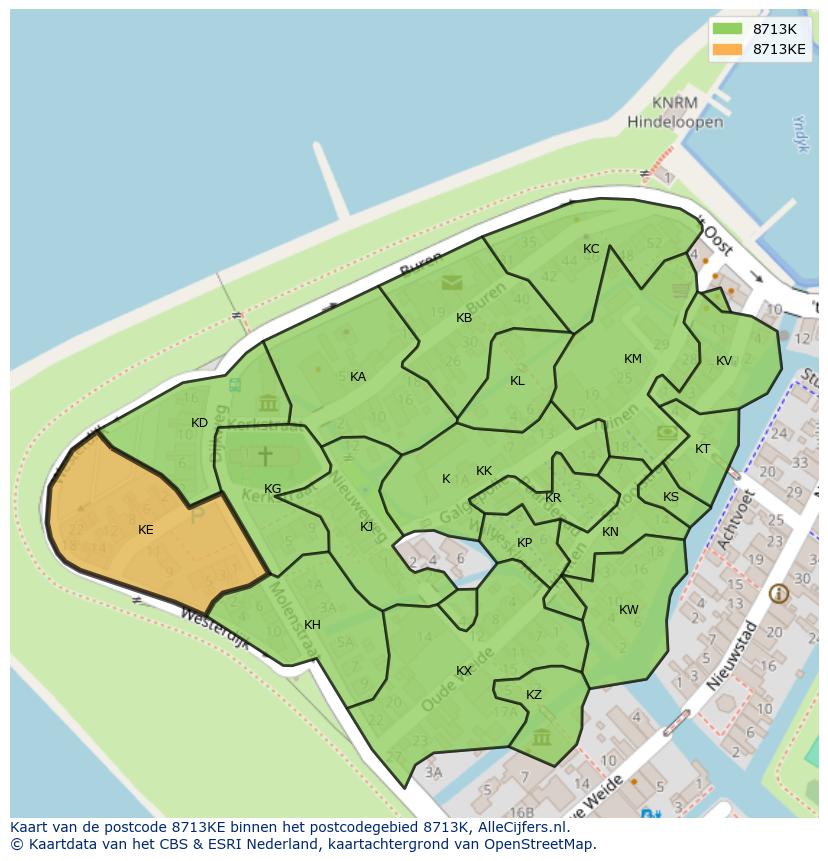 Afbeelding van het postcodegebied 8713 KE op de kaart.