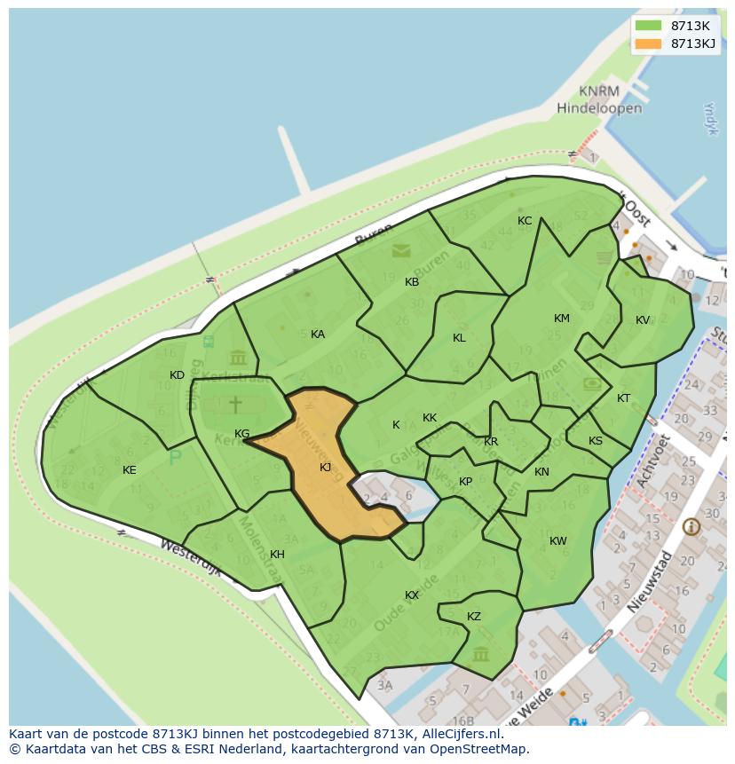 Afbeelding van het postcodegebied 8713 KJ op de kaart.