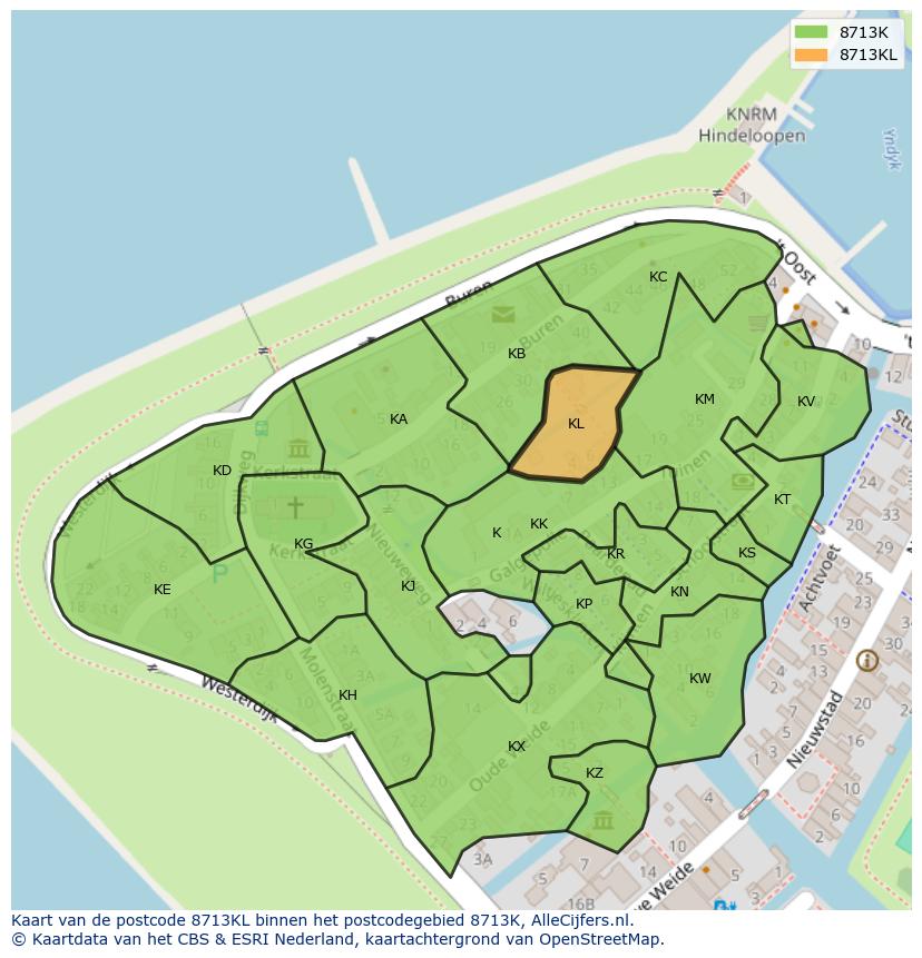 Afbeelding van het postcodegebied 8713 KL op de kaart.