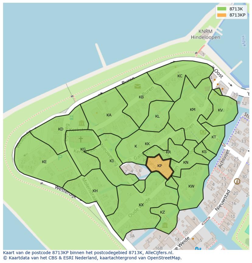 Afbeelding van het postcodegebied 8713 KP op de kaart.