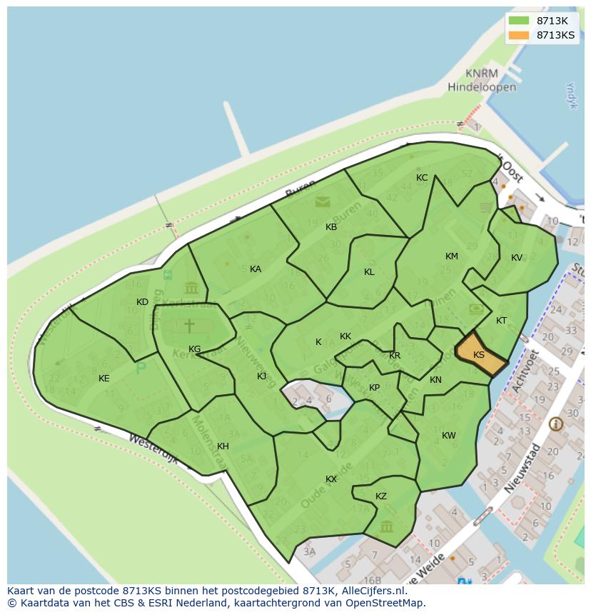 Afbeelding van het postcodegebied 8713 KS op de kaart.