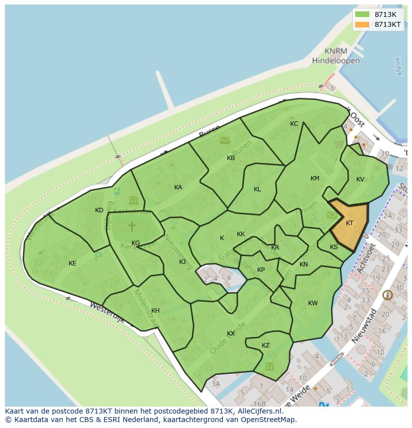 Afbeelding van het postcodegebied 8713 KT op de kaart.
