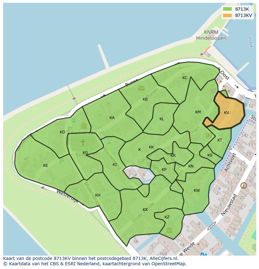 Afbeelding van het postcodegebied 8713 KV op de kaart.