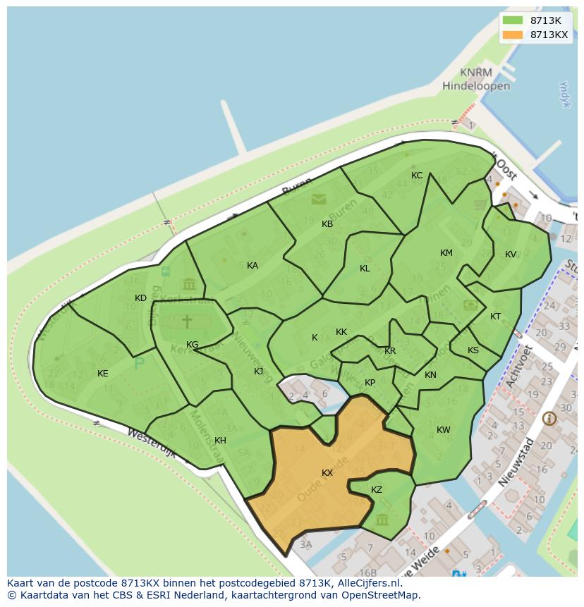 Afbeelding van het postcodegebied 8713 KX op de kaart.
