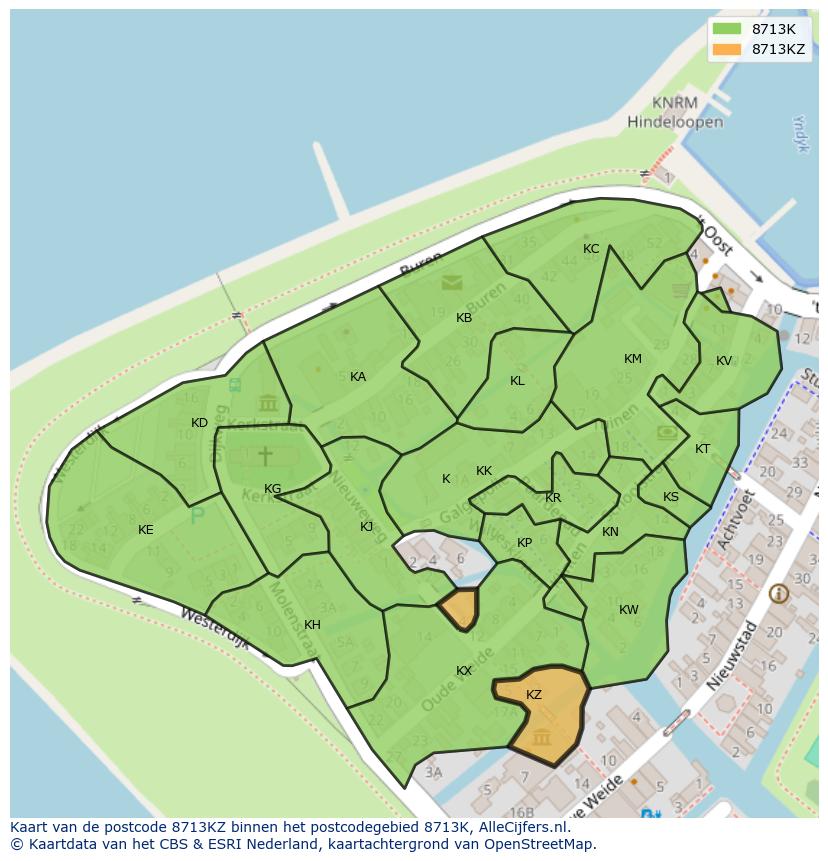Afbeelding van het postcodegebied 8713 KZ op de kaart.