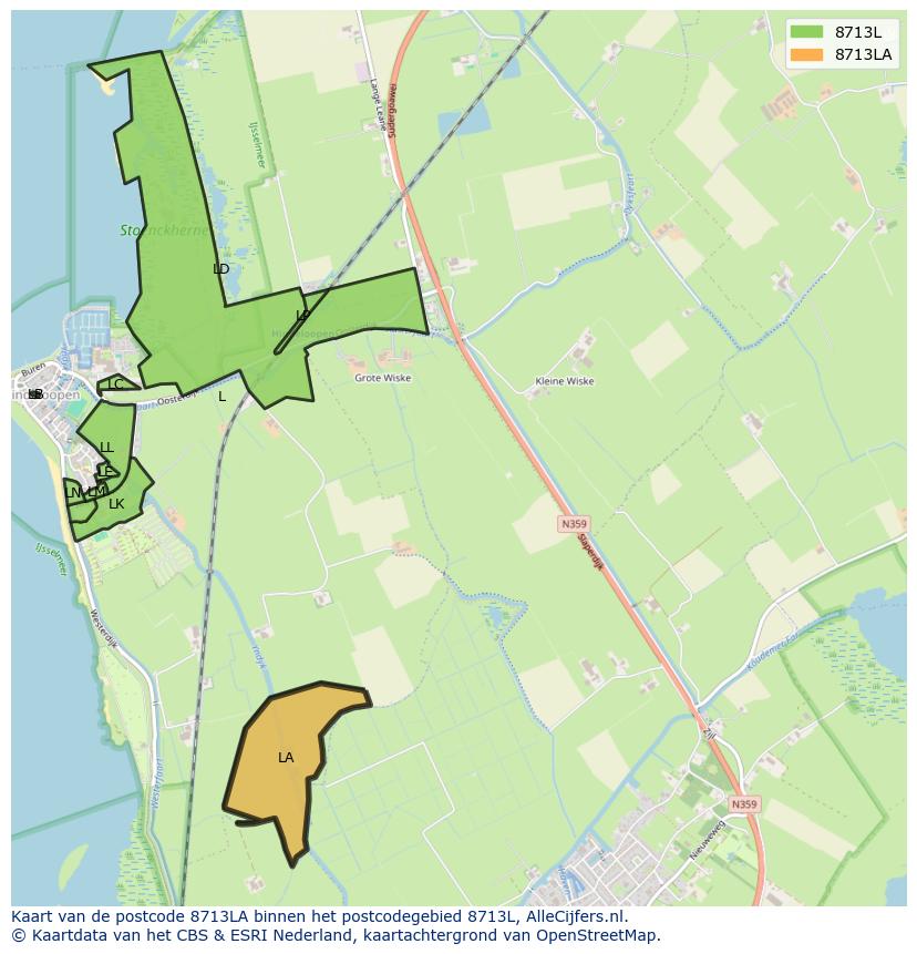 Afbeelding van het postcodegebied 8713 LA op de kaart.