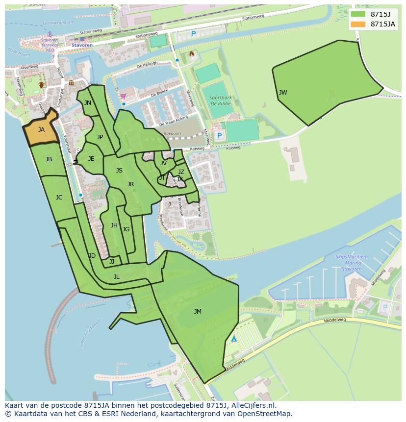 Afbeelding van het postcodegebied 8715 JA op de kaart.