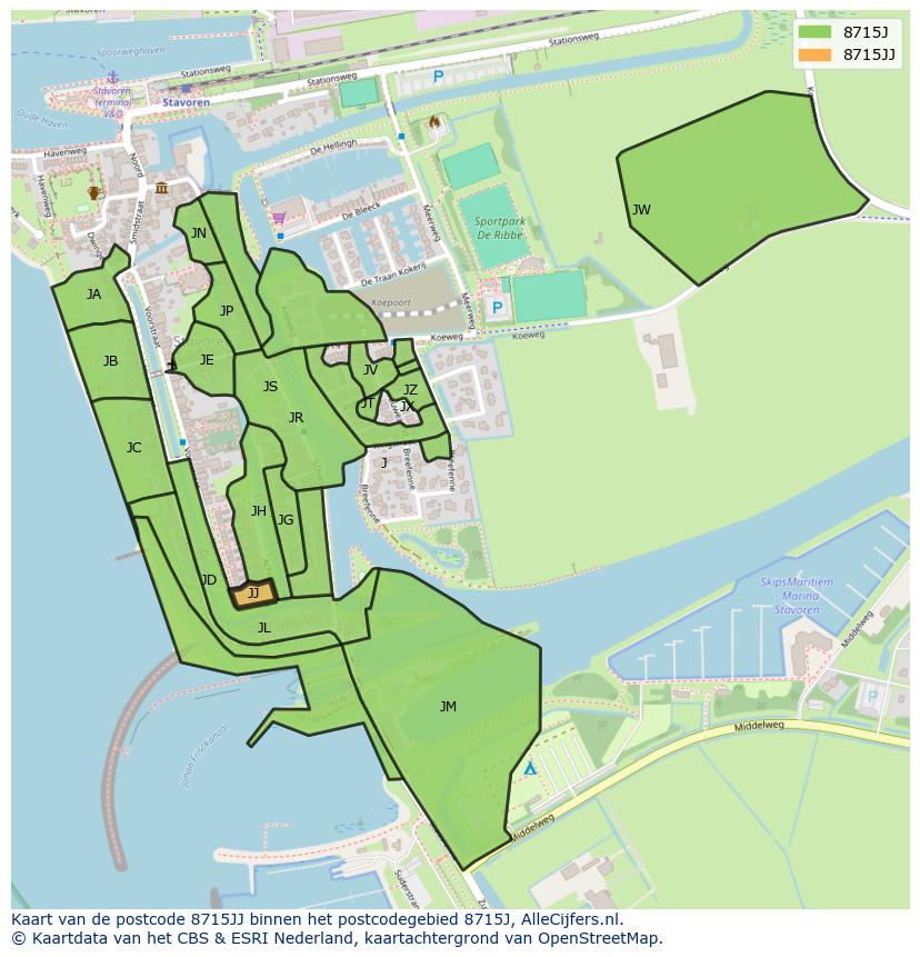 Afbeelding van het postcodegebied 8715 JJ op de kaart.