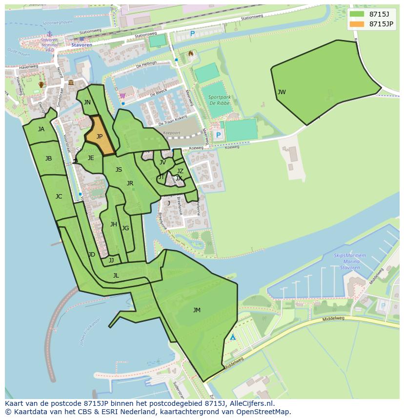 Afbeelding van het postcodegebied 8715 JP op de kaart.