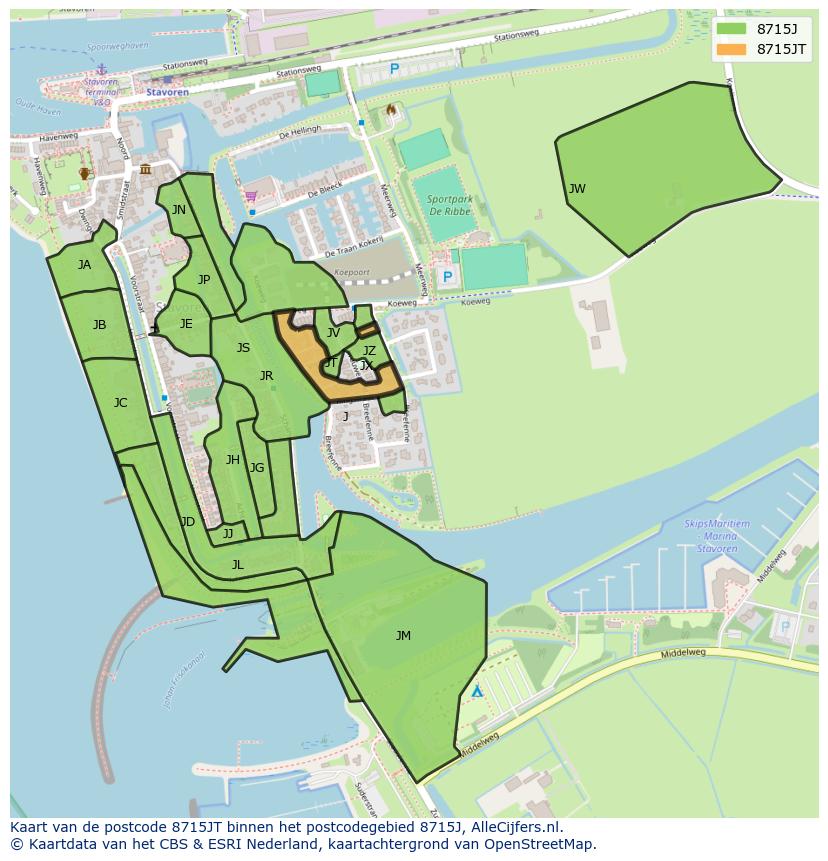 Afbeelding van het postcodegebied 8715 JT op de kaart.